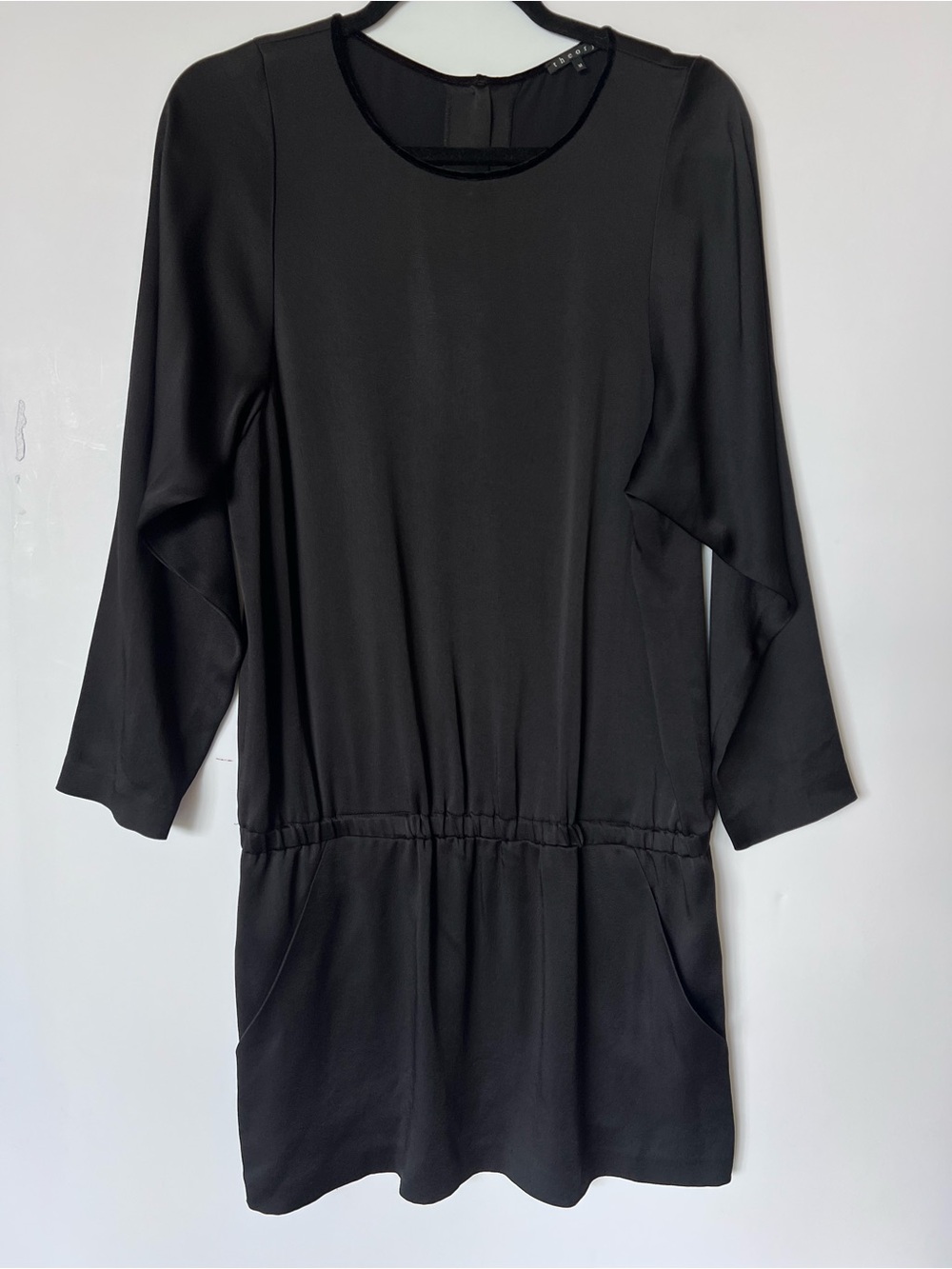 Theory Black Satin Long Sleeve Elastic Drop Waist Dress - Picture 1 of 8